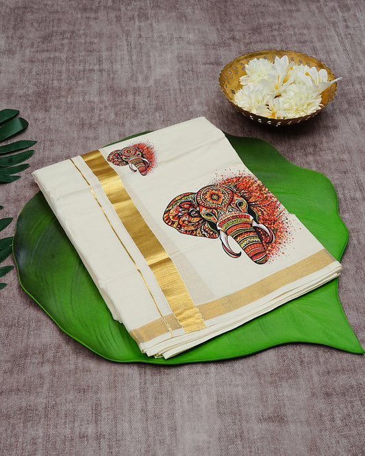 Cream Coloured Cotton Double Dhoti Finished with Elephant Prints & Gold Kara