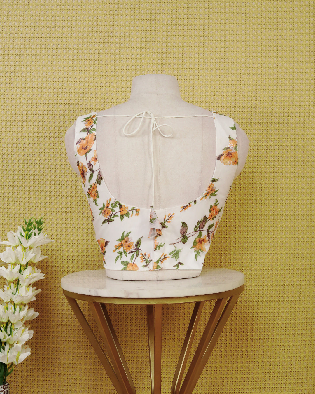 White Floral Print Sleeveless Blouse Featuring A Classic Scoop Neck, Delicate Orange Floral Print, And A Comfortable Tailored Fit.
