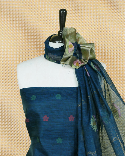 Dark Teal Blue and Gold Colour Semi Linen Material Featuring Floral Thread Pattern Plain Body, Paired with Matching Bottom & Elegant Dupatta