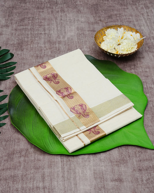 Cream Coloured Cotton Double Dhoti Finished with Magenta Elephant Prints On Gold Kara
