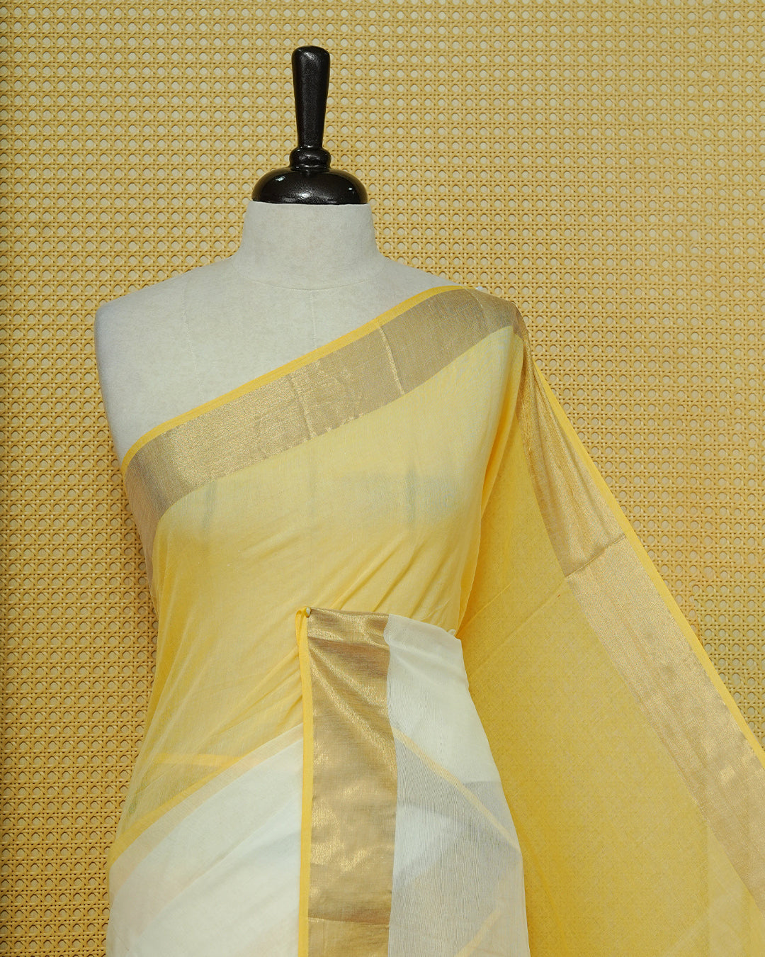Yellow & White Colour Half & Half Mul cotton saree Complemented by contrast Green colour Border & tassels.