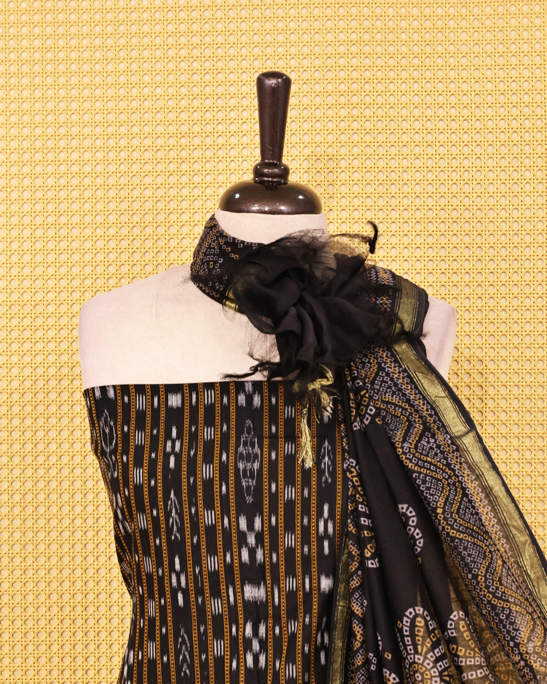 Black colour Cotton Salwar material Designed strips on body, paired with matching bottom & Dupatta.