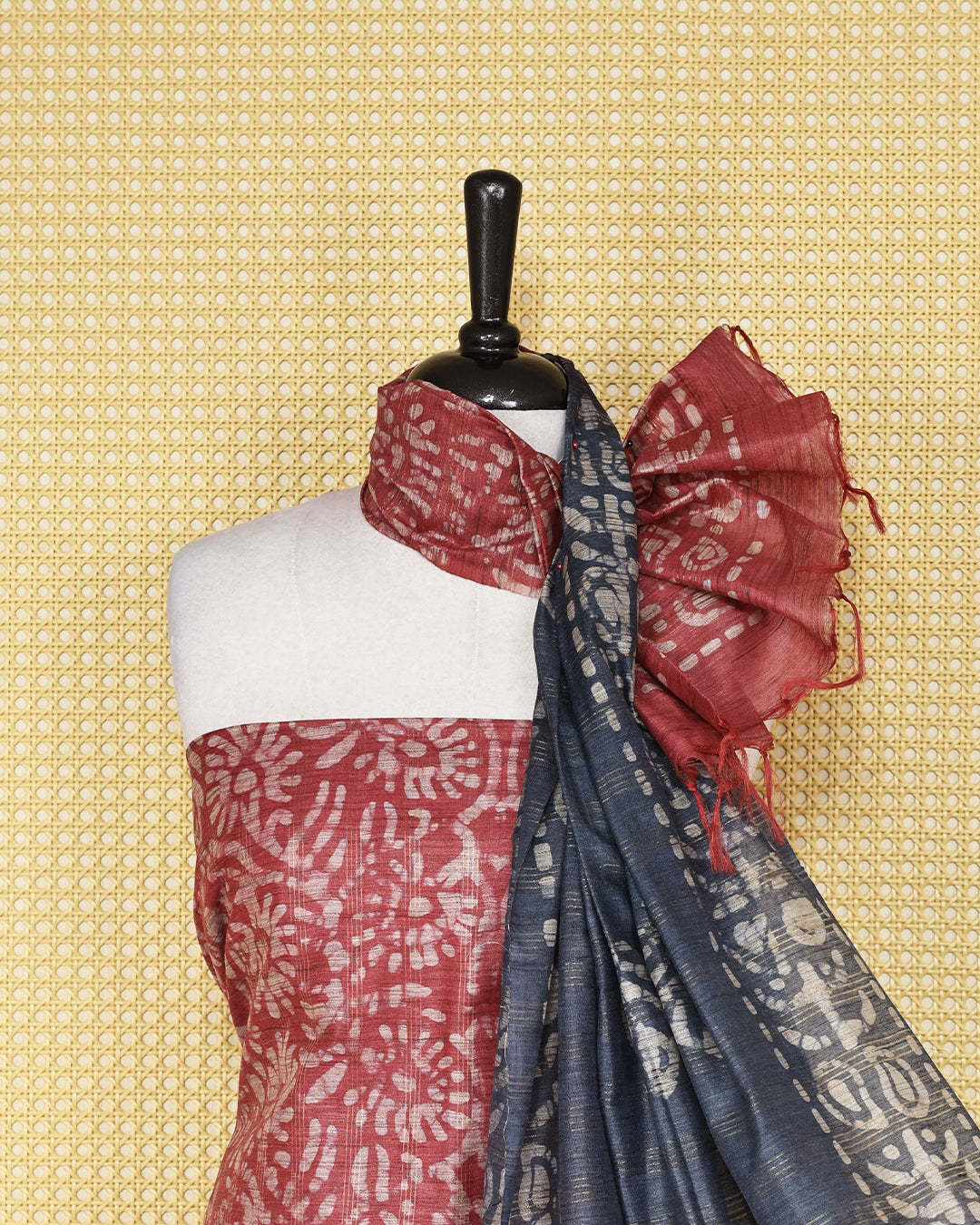 Light Red colour with Batik Printed chanderi Salwar Material paired with a deep Slate Blue printed bottom and a stunning contrast dupatta featuring elegant leaf motifs on borders
