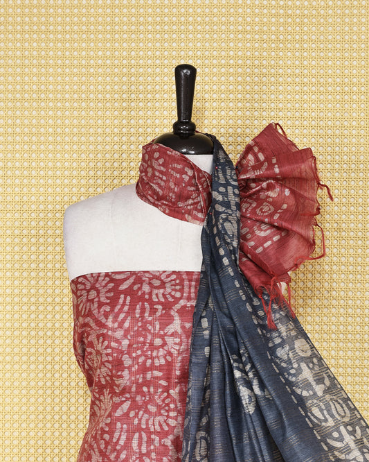 Light Red colour with Batik Printed chanderi Salwar Material paired with a deep Slate Blue printed bottom and a stunning contrast dupatta featuring elegant leaf motifs on borders