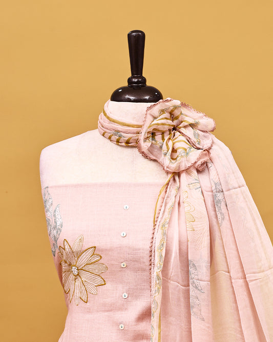 Light Pink colour Linen Salwar material with Thread With print work on body, matching bottom & Dupatta.