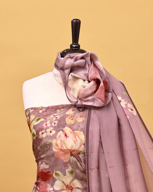 Purple grey colour Organza Salwar material with Floral print work on body, matching bottom & Dupatta.