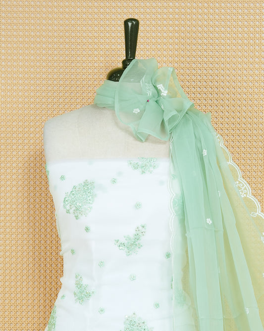 White Colour Organza Salwar Material Featuring Green Thread Work with sequins on body, Paired With Matching Bottom & Elegant Dupatta
