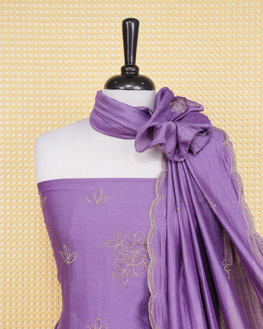 Purple Georgette Salwar Material Features an Elagent Floral Emproidary Pattern Aborned With Shimmering Metallic Gold Thread and Beadwork, paired with matching bottom & elegant Duptta
