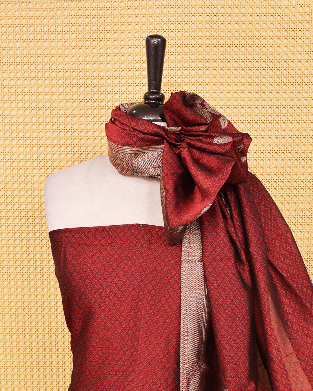 Red colour Banaras salwar material featuring Zari floral work on body, paired with Matching bottom & dupatta.