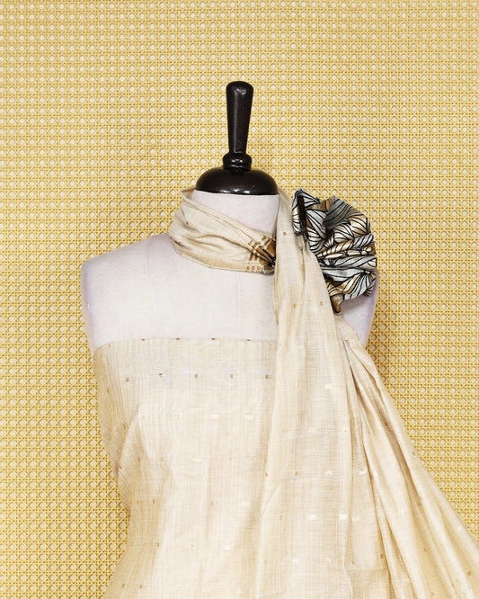 Beige colour  mul chanderi Salwar Material with subtle woven detailing, matching bottom, and floral border dupatta.