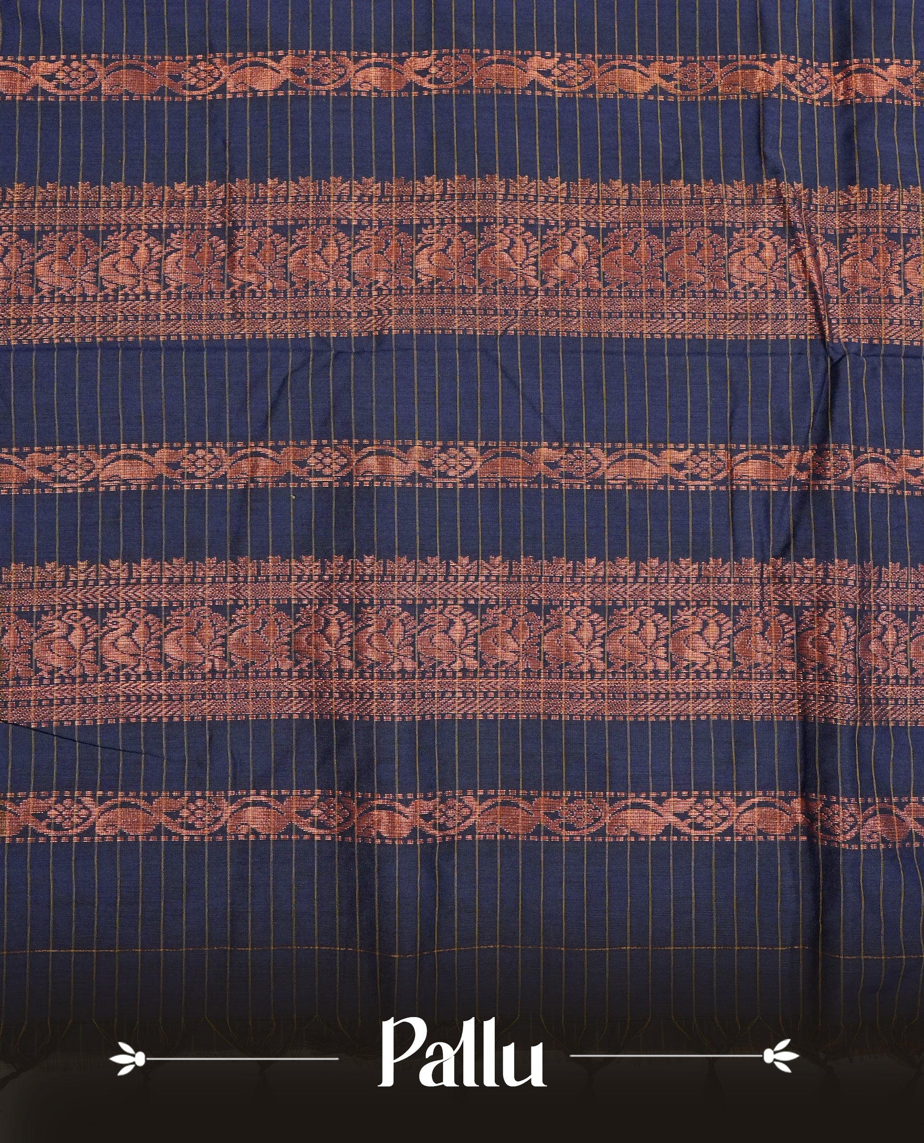 Mustard colour kalyani cotton saree featuring Copper zari check pattern on body, complemented by Navy Blue colour with Antique Copper zari border, paired with matching blouse piece