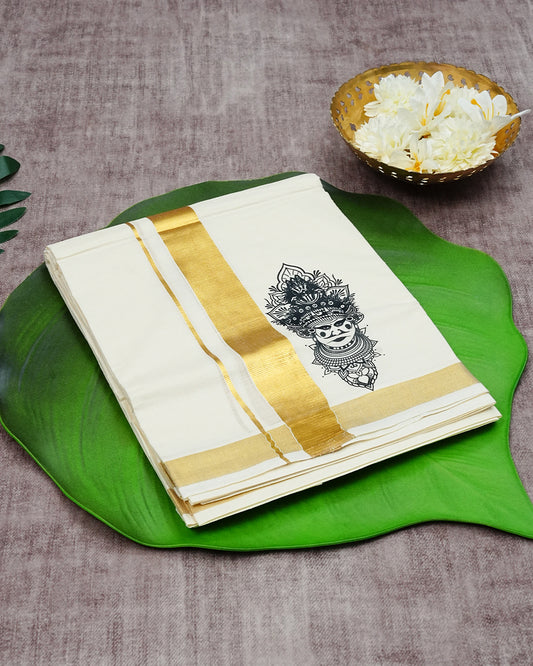 Cream Coloured Cotton Double Dhoti Finished with Traditional Art Form Prints & Gold Kara