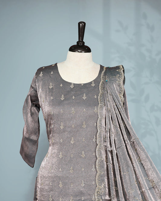 Grey colour salwar set with Stone work on top, paired with matching bottom & Dupatta.