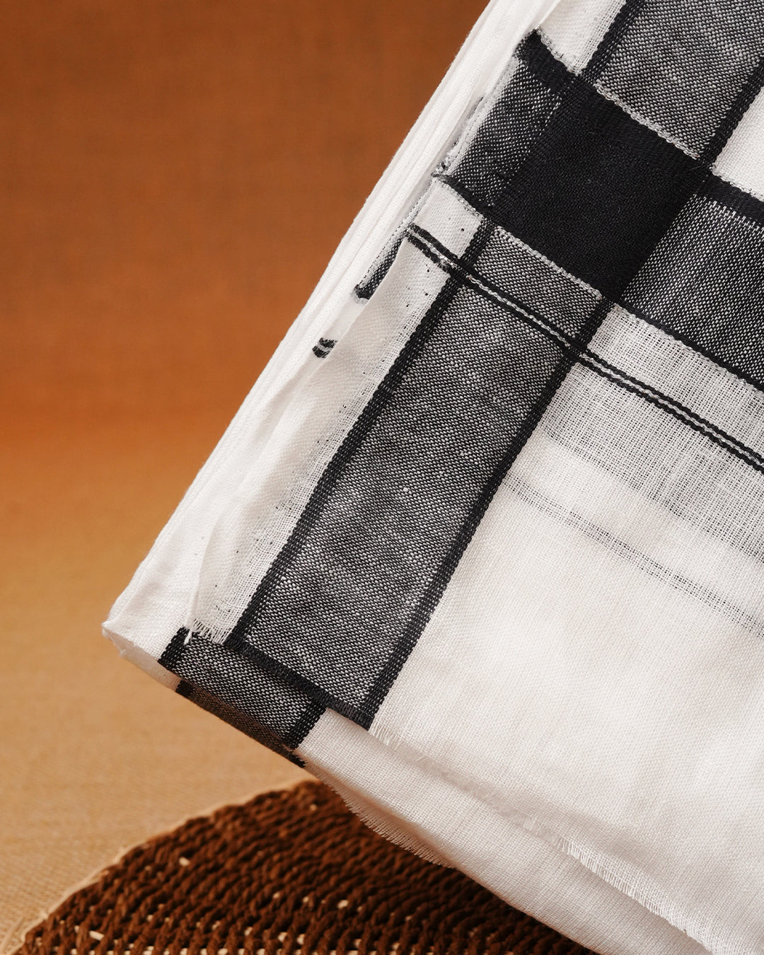 White colour Pure linen Double dhoti featuring Black colour border.