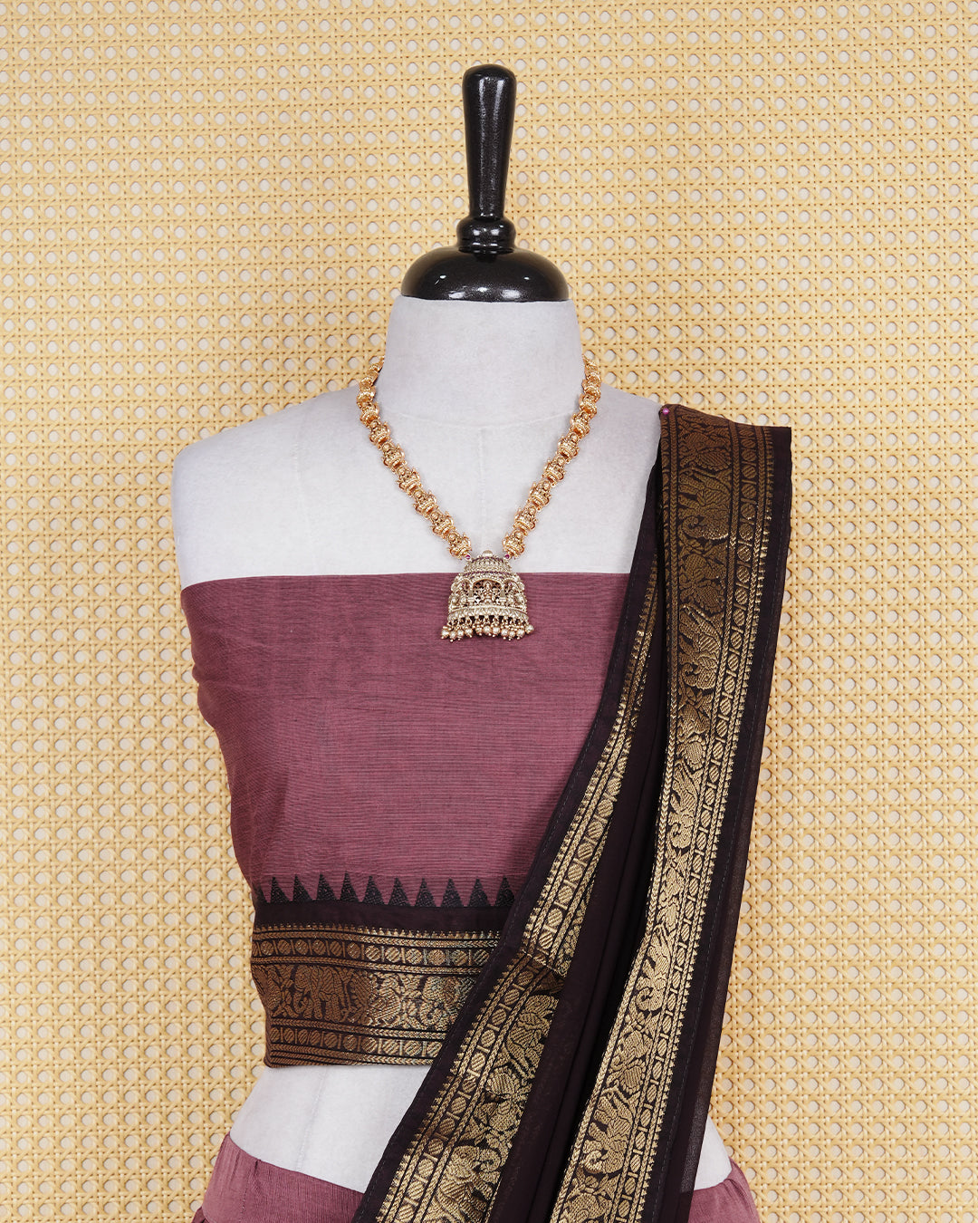 Dark Mauve Brown colour Chettinad Semi Stitched dhavani set Featuring contrast Dark Brown with Gold zari border on skirt, Contrast Blouse piece & matching dupatta.