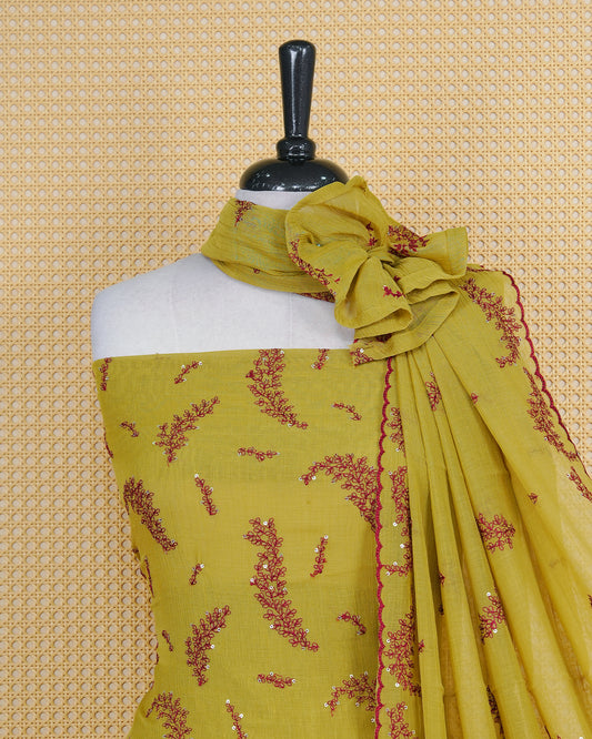Lanzones colour Salwar material Featuring Thread and Mirorr Work on body, paired with matching bottom and Elagent dupatta.