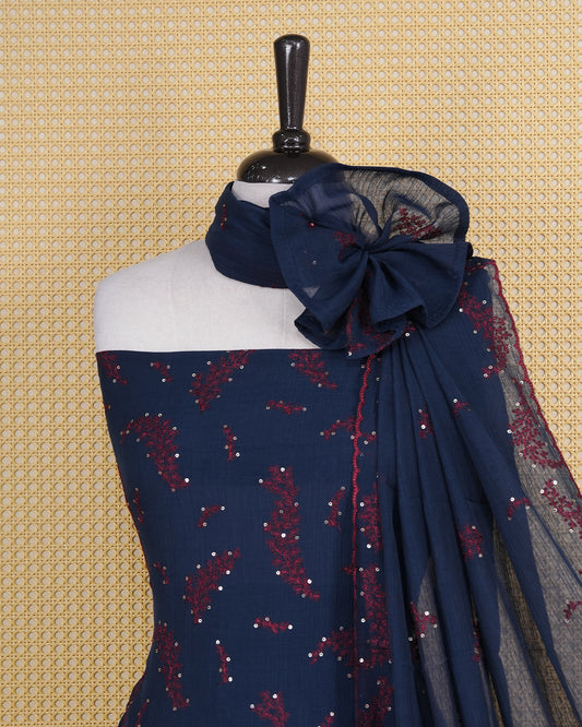 Dark Blue Colour Organza Salwar Material Featuring Thread and Mirorr Work on body, Paired With Matching Bottom & Elegant Dupatta