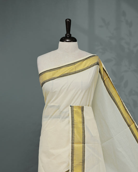 Cream colour Kerala saree Featuring an Elegant plain body, complemented by a classic gold & black zari border, matching blouse piece.