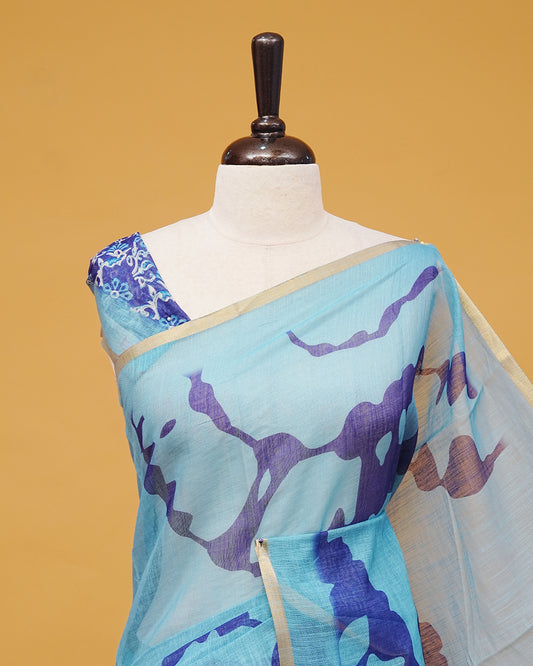 Light blue Colour Semi Linen Saree featuring contrast Digital prints, paired with matching printed blouse piece.
