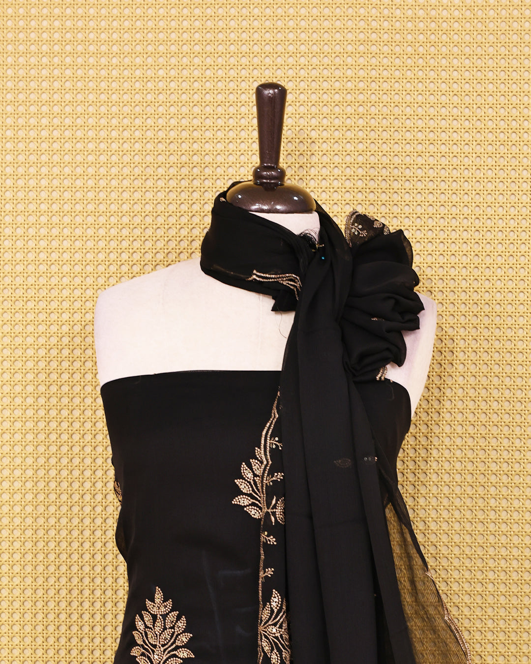 Black colour georgete Salwar Material with embroidered kurta, solid bottom, and matching embroidered sheer dupatta.