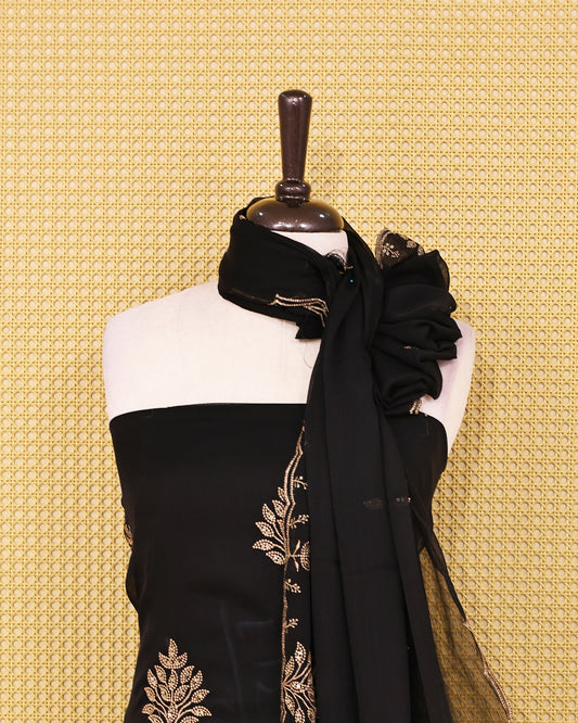 Black colour georgete Salwar Material with embroidered kurta, solid bottom, and matching embroidered sheer dupatta.