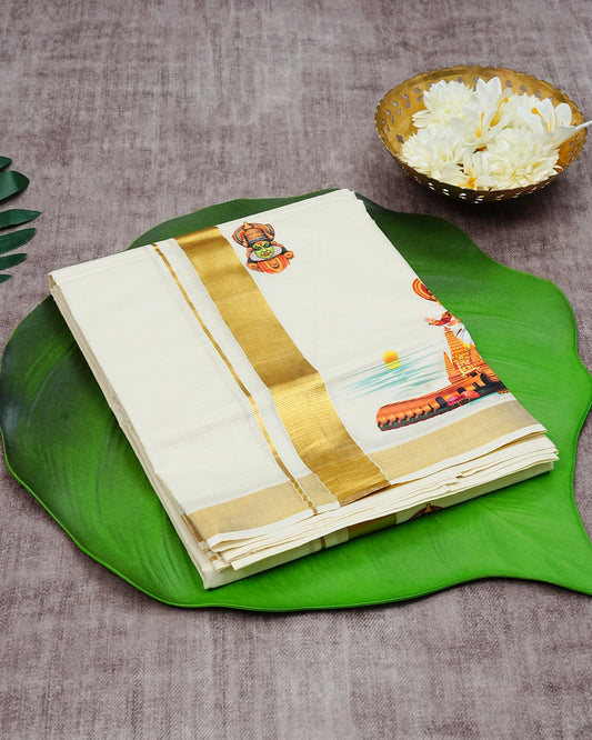 Cream Coloured Cotton Double Dhoti Finished with Traditional Art Form Prints & Gold Kara