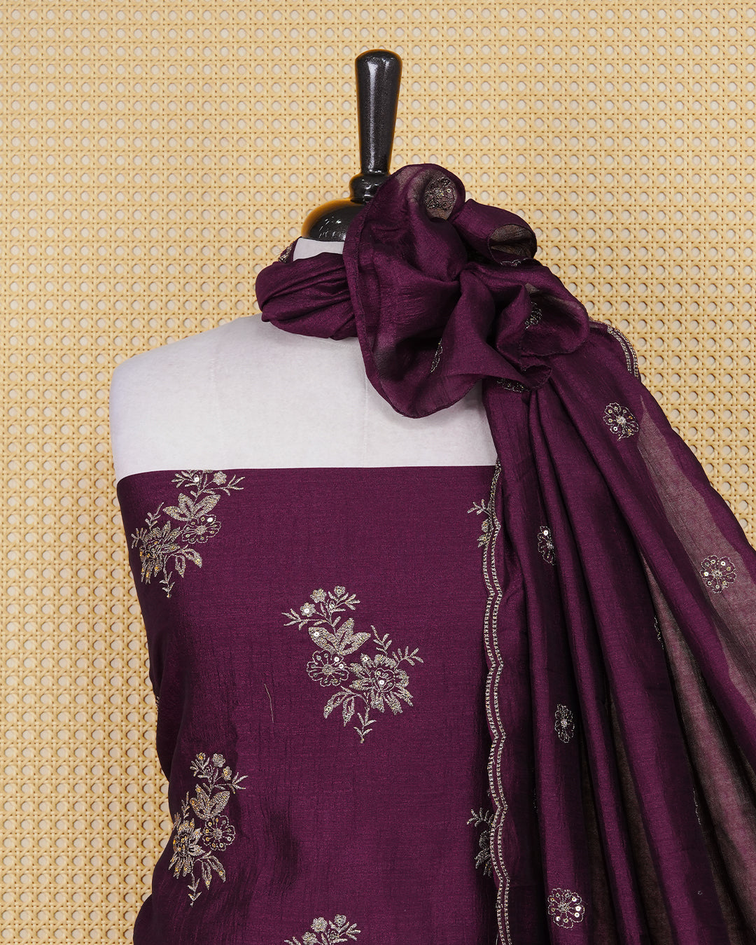 Violet colour Organza Salwar Material Featuring Gold Thread Mirorr Work on body, paired with matching Bottom & Elegant Dupatta.