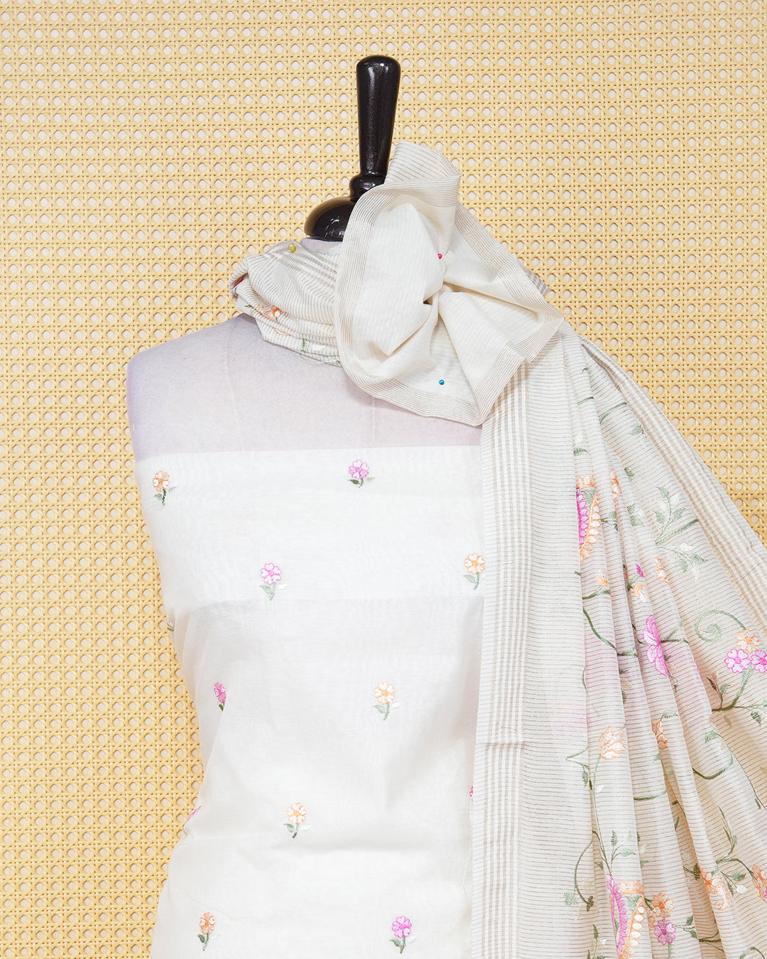 Cream colour  tissue salwar material featuring an elegant floral Thread Work on Body , paired with a matching bottom and an elegant dupatta.