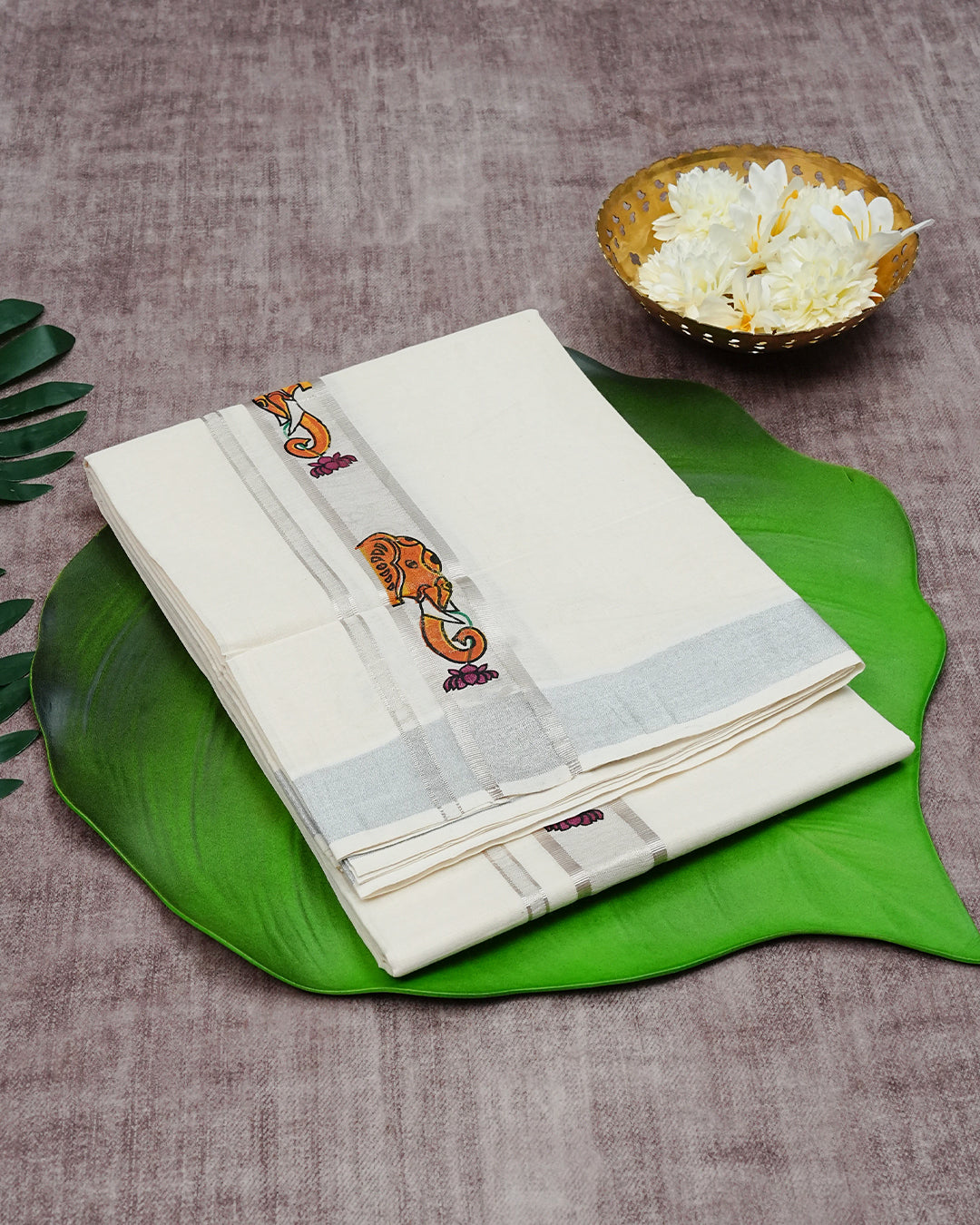 Cream Coloured Cotton Double Dhoti with Elephant & Lotus Printed Silver Kara