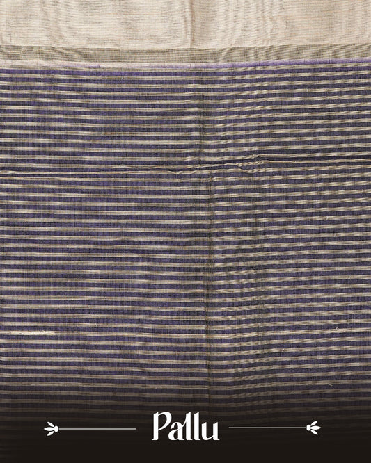 Cream colour Tussar silk saree Featuring Elegant Plain body, complemented by Contrast Navy blue colour with gold zari border, paired with matching blouse piece.