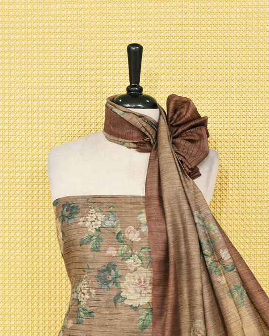 Brown colour Organza Salwar Material with Floral Printed body , matching bottom and a coordinated floral printed dupatta.