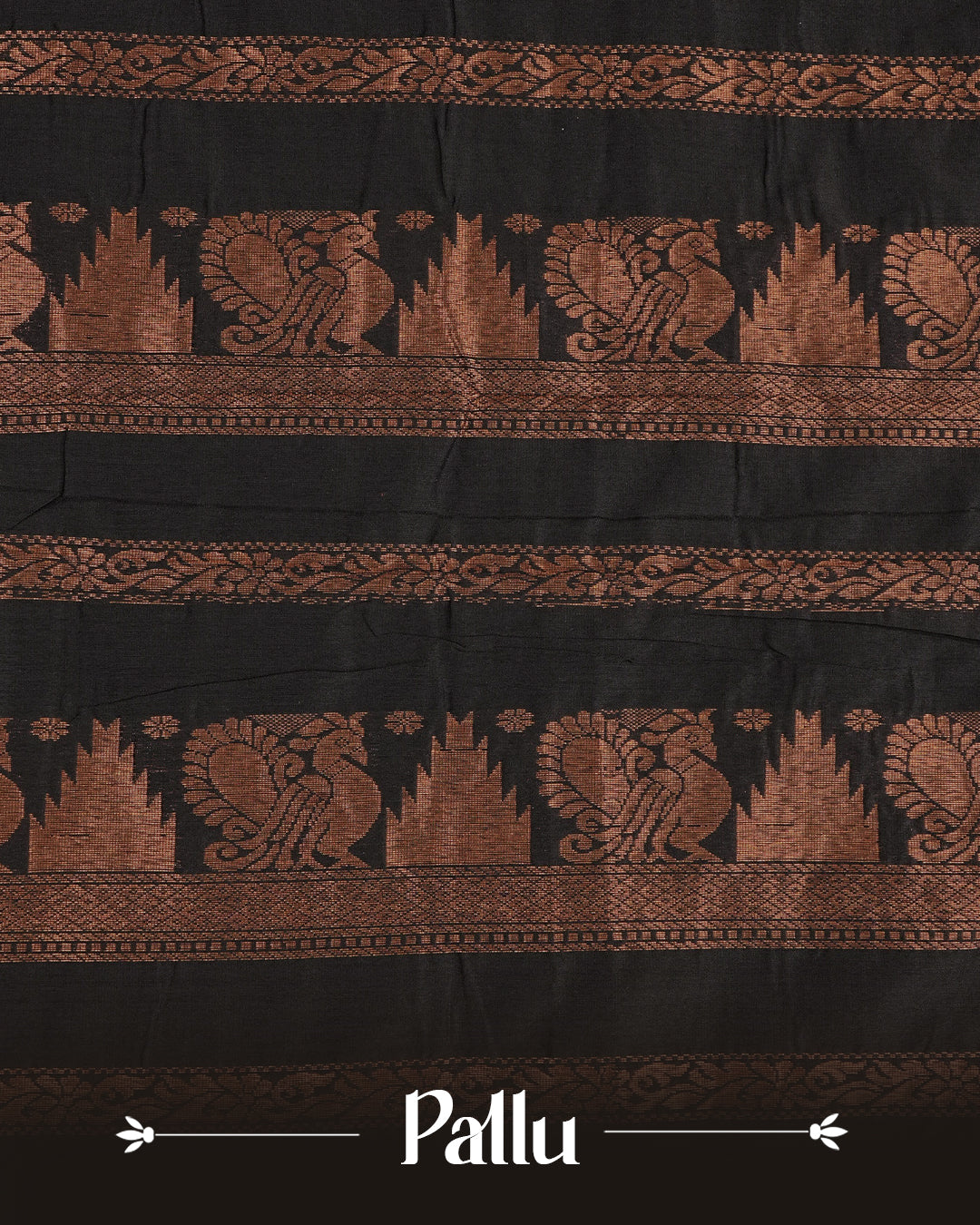 Turquoise Blue Colour Kalyani cotton saree featuring elegant antique zari elephant and floral motifs on the body, complemented by a Black contrast pallu with a rich antique zari peacock border, paired with a matching Black blouse piece.