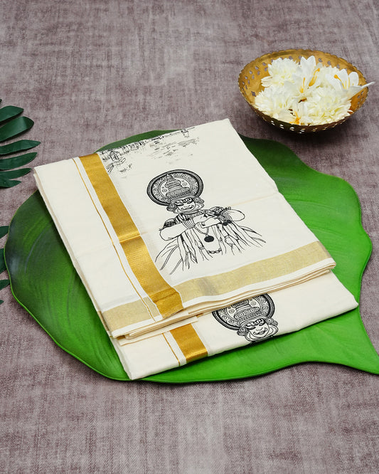 Cream Coloured Cotton Double Dhoti Finished with Traditional Kerala Cultural Prints & Gold Kara