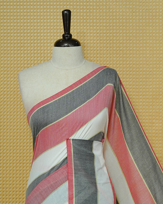 Off White,Charcoal Grey & Red Striped Mul Cotton Saree featuring bold striped patterns in white, charcoal grey, and Red, finished with delicate red tassels.