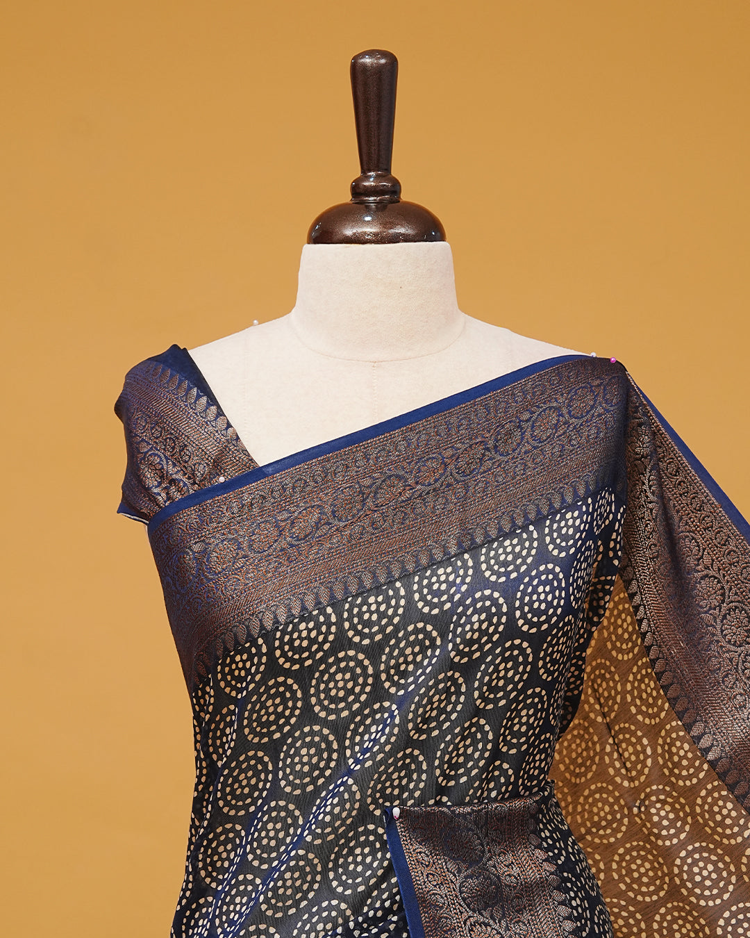 Navy Blue Colour Chanderi Silk Saree featuring dotted round motifs across the body, traditional antique zari border and paired with a matching blouse piece.