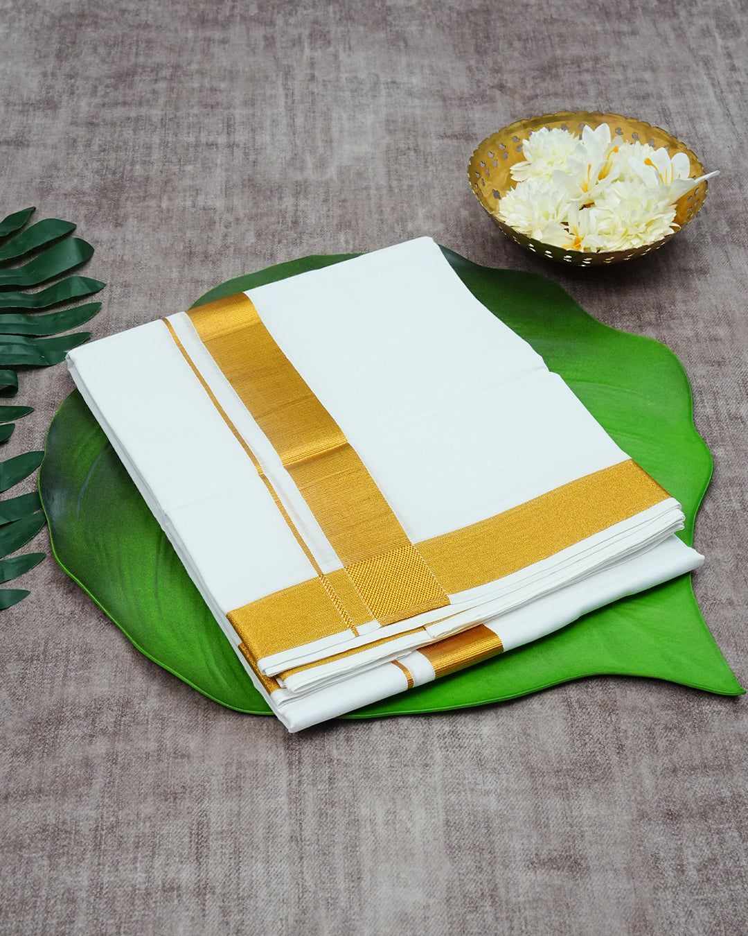 Off White Colour Cotton Double Dhoti Finished With A Classic  Gold kara.