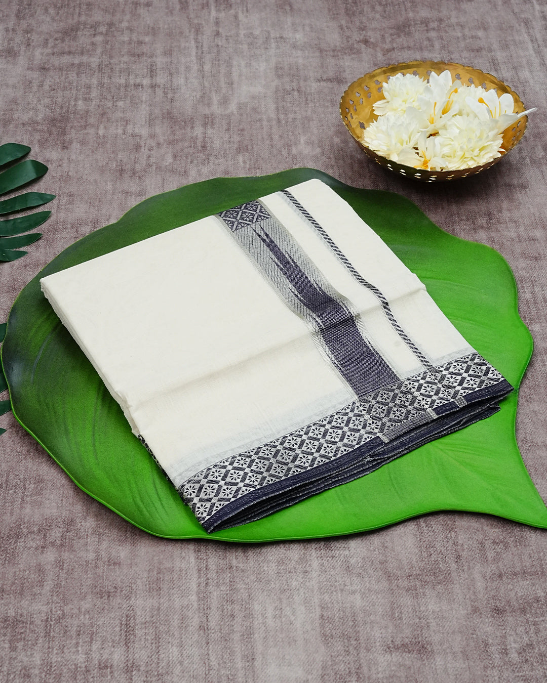 Cream Coloured Cotton Double Dhoti Finished with Navy Blue Designed Silver Kara
