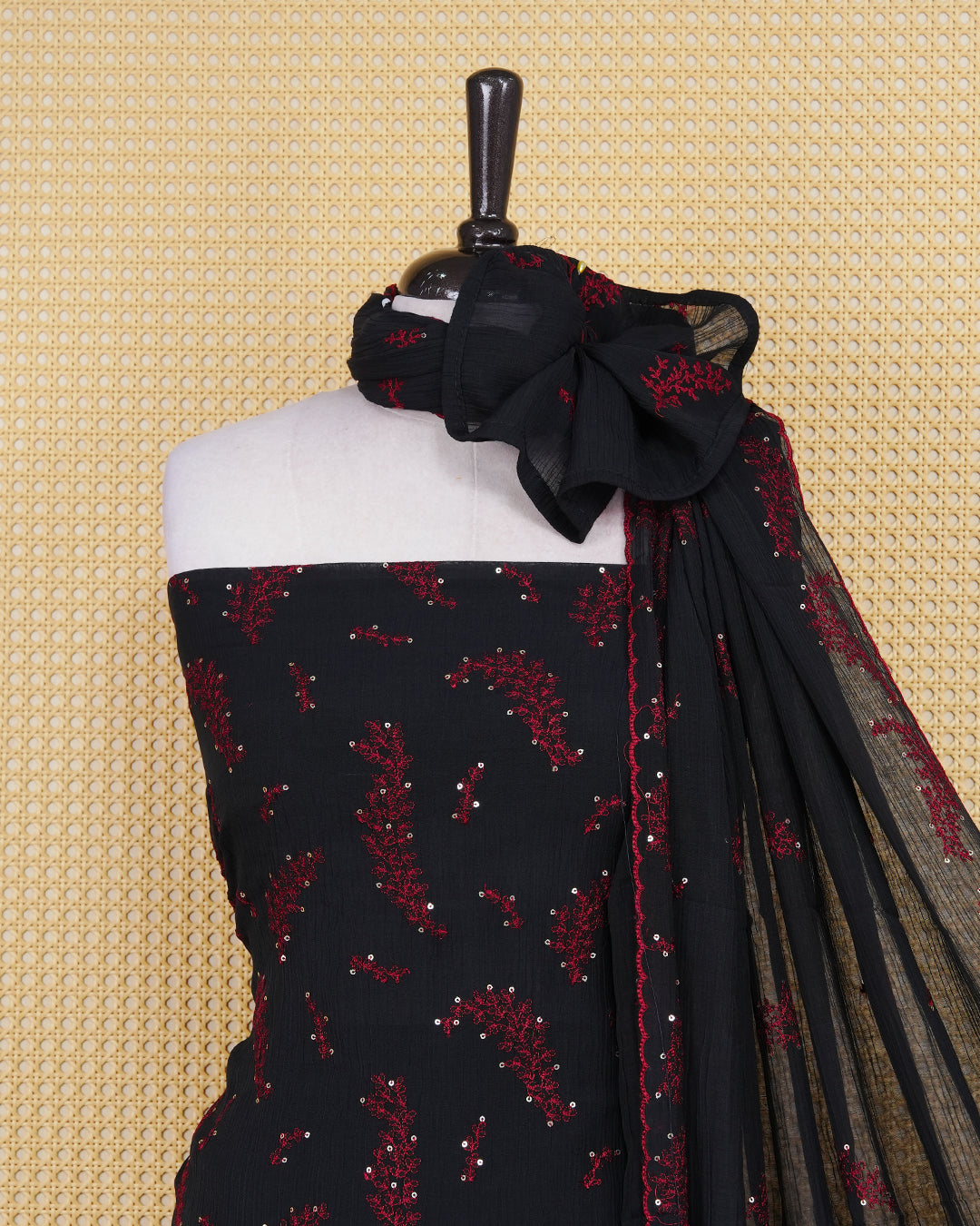 Black Colour Organza Salwar Material Featuring Thread and Mirorr Work on body, Paired With Matching Bottom & Elegant Dupatta