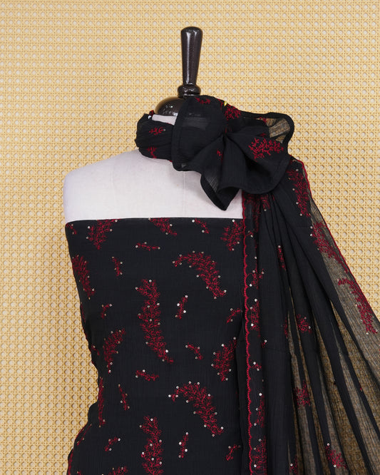 Black Colour Organza Salwar Material Featuring Thread and Mirorr Work on body, Paired With Matching Bottom & Elegant Dupatta
