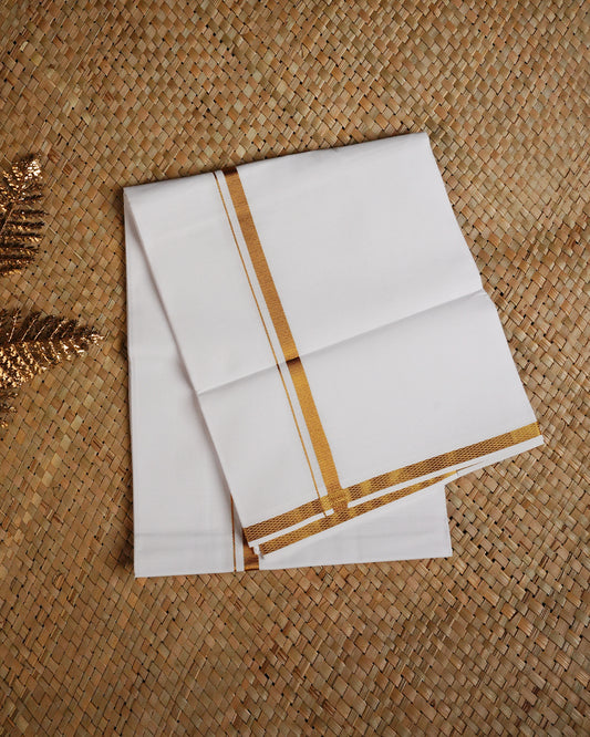 White colour cotton single dhoti featuring gold Kasav simple border.