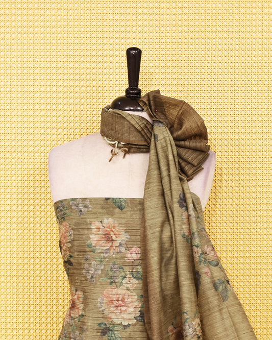 Light Olive colour Organza Salwar Material featuring elegant floral digital prints on the kurta, paired with a matching solid bottom and a graceful plain dupatta.