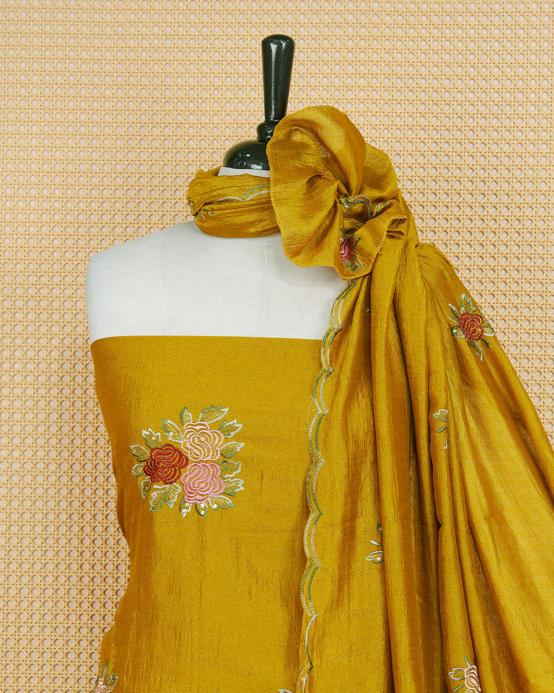 Yellow Amber Colour Orgeza Salwar Material Featuring Thread Work on body, Paired With Matching Bottom & Elegant Dupatta