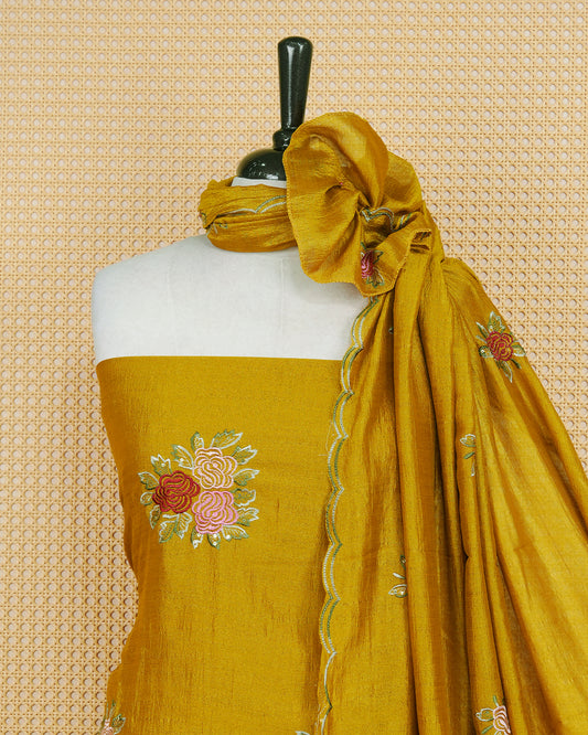 Yellow Amber Colour Orgeza Salwar Material Featuring Thread Work on body, Paired With Matching Bottom & Elegant Dupatta
