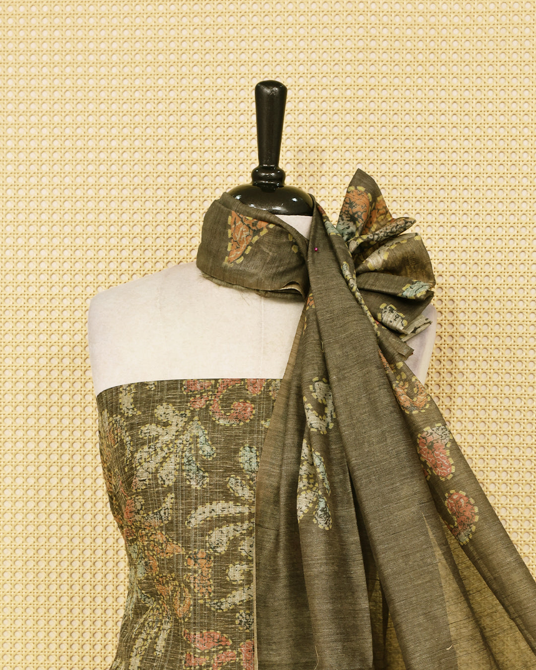 Olive Brown colour organza Salwar Material featuring elegant floral prints on the kurta, paired with a matching bottom and a self coloured printed dupatta.