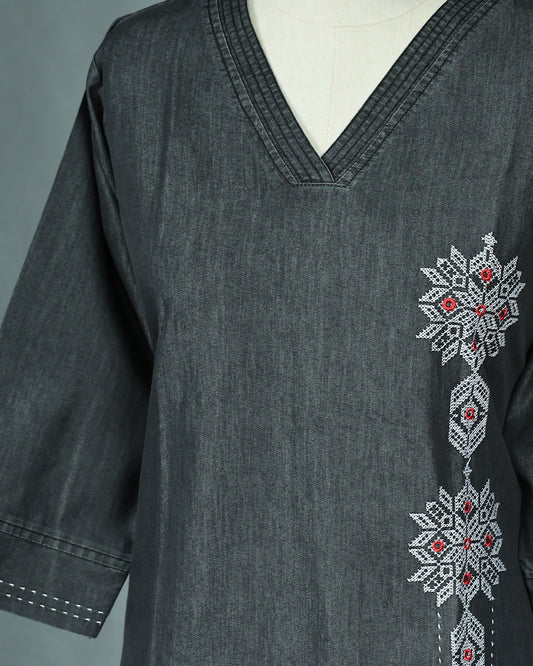 Black Denim Colour Kurti featuring Thread Work On body , a V neckline, With sleeve.