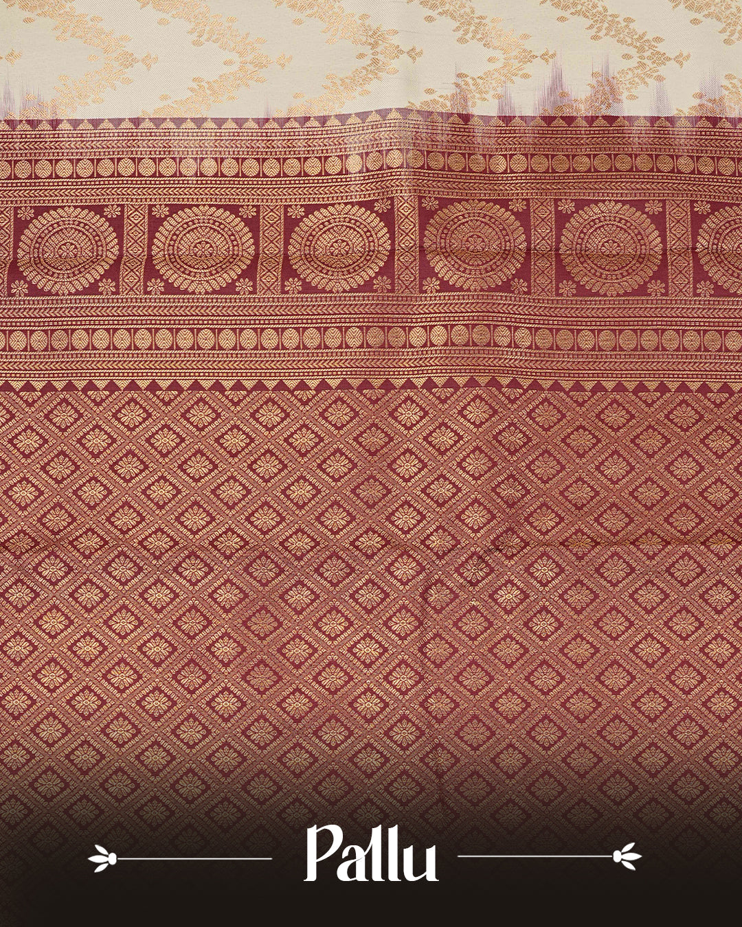 Cream colour semi wedding saree featuring gold zari Pattern on body, contrast  Dark Wine colour with traditional border, paired with matching blouse piece.