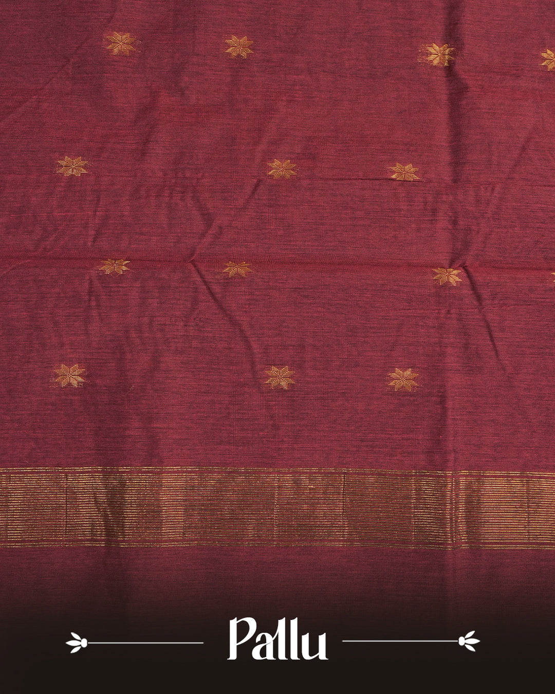 Navy Blue colour kalyani cotton saree featuring gold zari Floral pattern on body, complemented by Maroon colour with Stripes & Floral Gold zari border, paired with matching blouse piece
