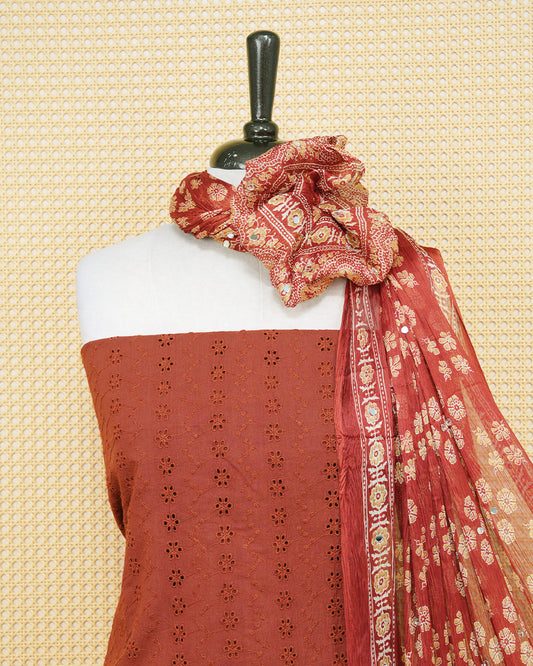 Brown Colour Crush Organza Salwar Material Featuring Tread Work on body, Paired With Matching Bottom & Elegant Dupatta