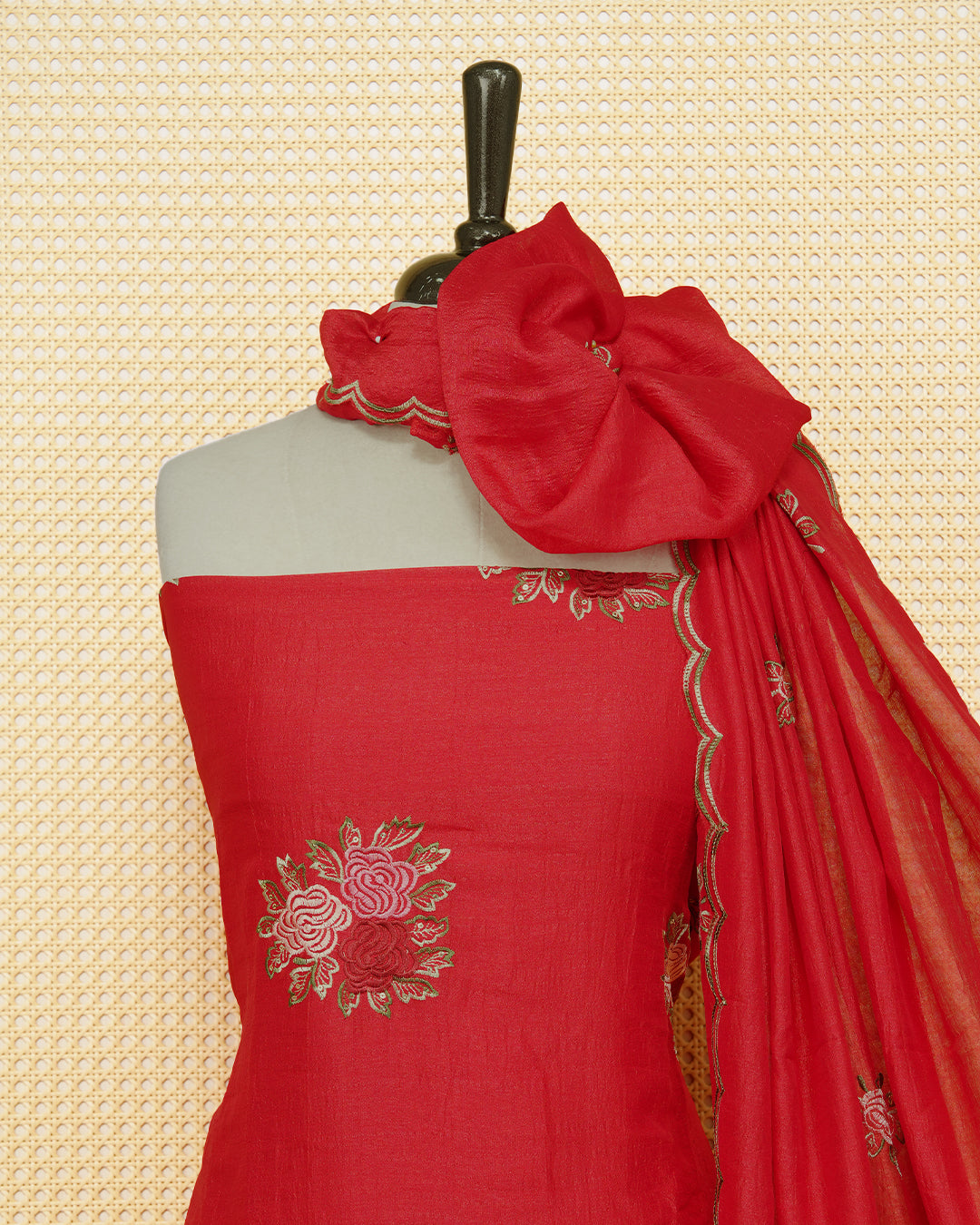 Red Colour Georgette Salwar Material Featuring Thread Work on body, Paired With Matching Bottom & Elegant Dupatta