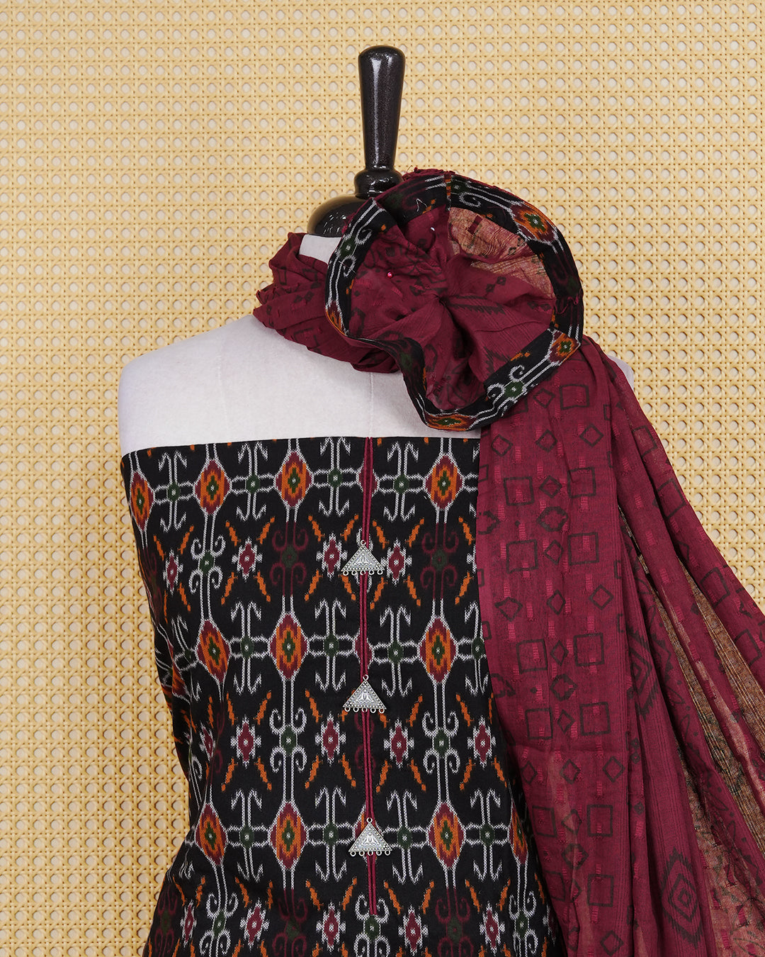 Black Colour Cotton Salwar Material Featuring Print Pattern on body, Paired With Matching Bottom & Elegant Dupatta